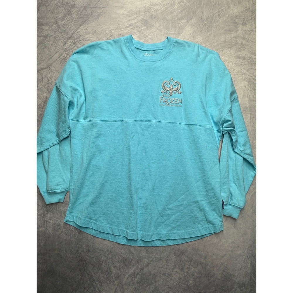 Disney Frozen Broadway Musical Spirit Jersey Glitter Aqua Blue Womens Sz S
